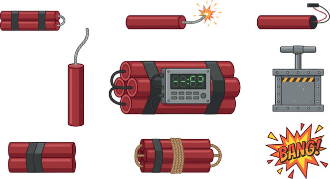 Dynamite Red Bomb Vector Set with Digital Timer, Burning Fuse, Detonator Plunger, and Explosion Bang Sign for Game UI Graphic Designs