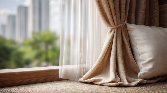 Rich soft brown curtains gathered beside bright window, showing graceful folds, textured fabric, warm daylight, neutral interior mood and elegant home decor detail