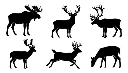 Obraz premium Wild deer silhouette icon set featuring horned stag moose reindeer and elk vectors standing and running in forest nature wildlife themes