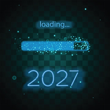 Vector illustration of 2027 loading progress bar with glowing blue neon effect. Sparkling cyan dust and glowing status bar shine against a dark grid background, creating a modern New Year concept.