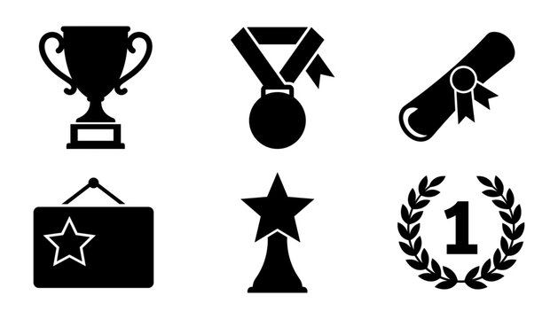 Award and success black silhouette icon set featuring a trophy cup, ribbon medal, diploma scroll, certificate plaque, star award, and number one laurel wreath vector graphics.