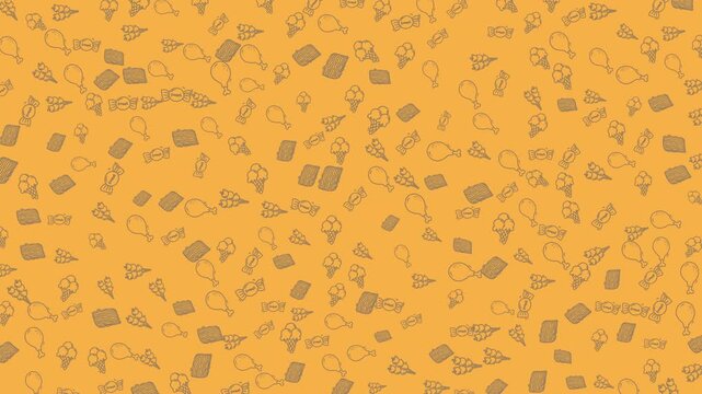 A playful and whimsical seamless pattern featuring hand-drawn doodles of various snacks and sweets. Perfect for backgrounds, designs, and any project needing a touch of fun.