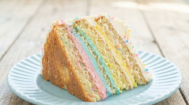 A colorful multi layer rainbow cake slice served on a light blue plate for birthday celebrations, parties, and festive dessert concepts