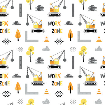 Playful seamless construction pattern for kids with cartoon cranes, bricks, roads, cones, trees and work zone elements in cheerful yellow and orange colors.