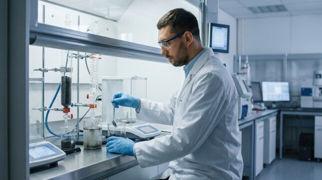 Male scientist conducting chemical research in a modern laboratory wearing safety goggles and a white lab coat