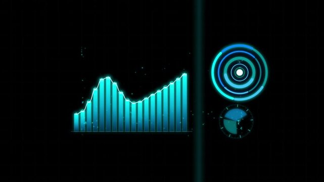 Digital financial analytics dashboard with glowing bar graph and hud data interface business