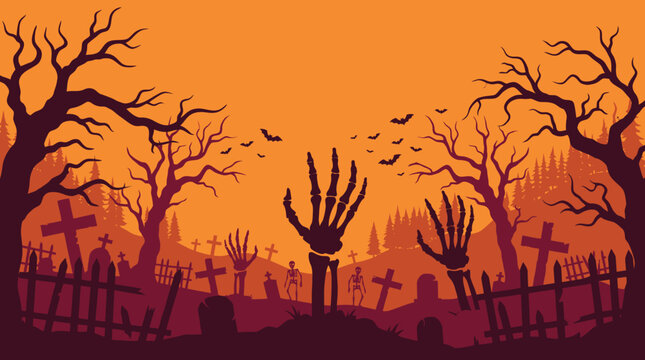 A spooky halloween background featuring a dark graveyard with reaching zombie hands silhouettes against a vibrant orange sunset evening sky