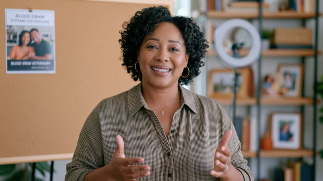 Spokesperson at a modest home staging area delivers a calm on camera rehearsal, a blood draw veterinary pamphlet pinned to the corkboard behind her, ring light illuminating her