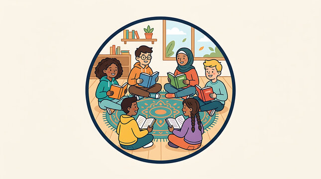 Diverse group of children sitting in a reading circle, engaged in learning and sharing stories together
