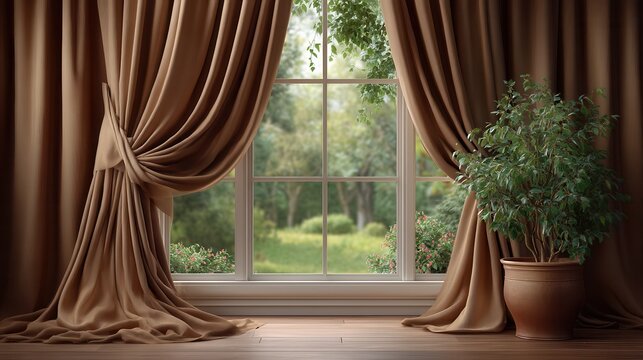 Rich soft brown curtains gathered beside bright window, showing graceful folds, textured fabric, warm daylight, neutral interior mood and elegant home decor detail