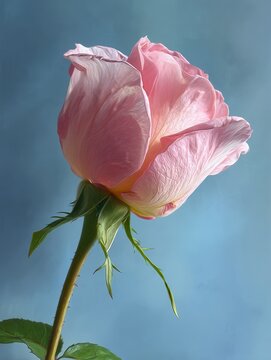 Pink rosebud partially opening with dewy layered petals, green stem, soft blue background and gentle side view, showing delicate texture, fresh color and elegant natural beauty