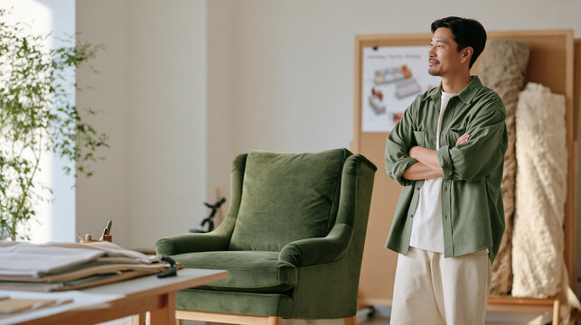 Upholsterer stands back in a minimalist studio to assess a fully reupholstered armchair, wide establishing shot showing fabric swatches across a cutting table, a holiday family