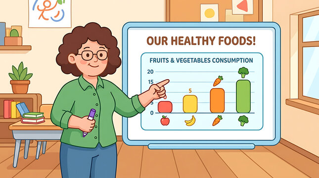 Teacher in a classroom explaining a chart on healthy food consumption with fruits and vegetables