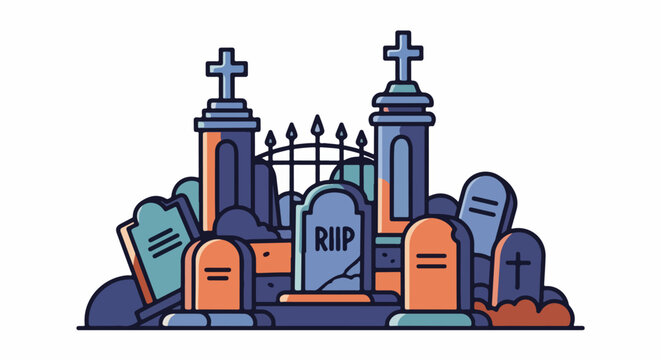 Colorful cartoon graveyard with tombstones and crosses
