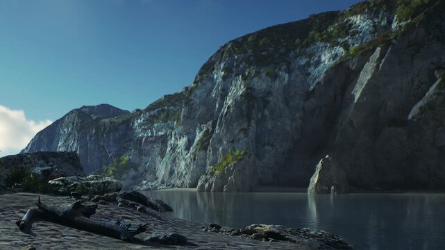 The scene shows rocky cliffs beside still water. The sun is shining, and pieces of vegetation are visible on the cliffs. The sand area in front adds to the natural view.