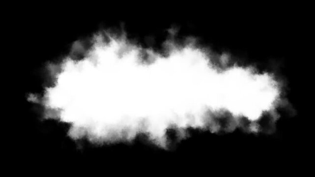 Abstract white clouds puff motion graphic animation on a black background. Realistic fog smoke matte overlay effect.