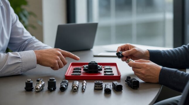 supply chain management logistics risk management. Two people examining and discussing various camera lenses on a table in an office setting.