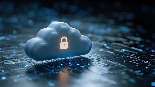Cloud icon with padlock hovering above a digital circuit board