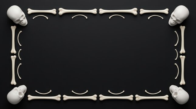 Human skulls and bones arranged in a rectangular frame border on a dark black background for halloween design