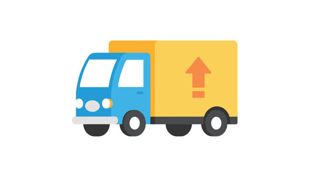 Flat cartoon delivery cargo truck icon in blue and yellow colors with a large orange upward arrow on its side.