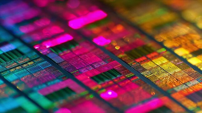 Close up shot of silicon wafer microchip die grid with vivid neon magenta and amber optical light streaks during high tech semiconductor manufacturing process (AI Generated)