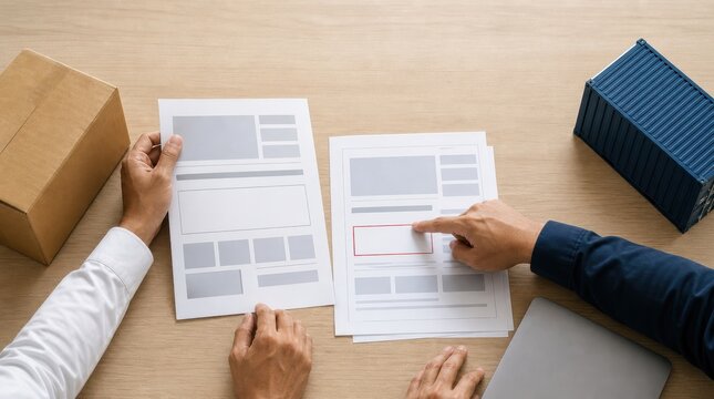 supply chain management logistics risk management. Two people discuss packaging design layouts on paper at a wooden table with boxes and a laptop.