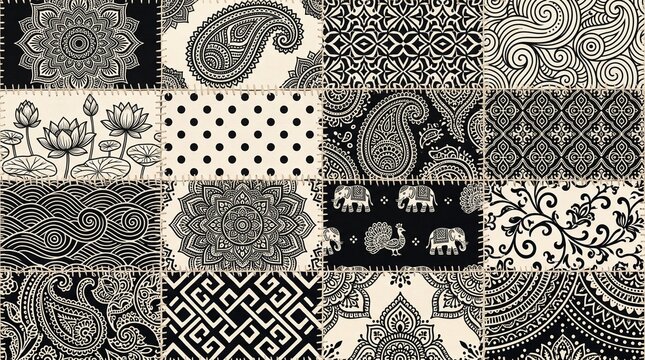 Monochrome patchwork textile pattern with traditional Indian motifs, paisley, mandala, lotus, and elephant designs for bohemian background