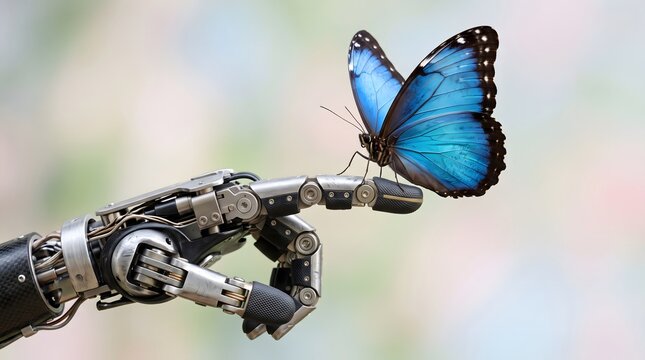 A vibrant blue butterfly resting gracefully on the metallic finger of a robotic hand.
