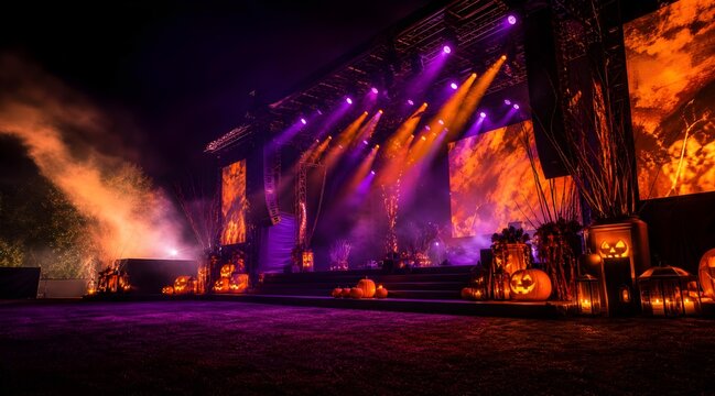 live music concert stage with dramatic purple and orange spotlights in a vibrant festival atmosphere
