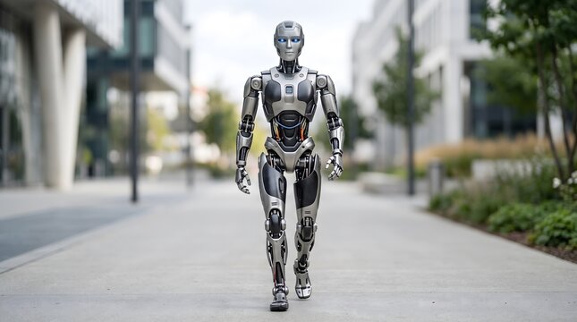 A humanoid robot walking down a city street, showcasing advanced artificial intelligence and automation.