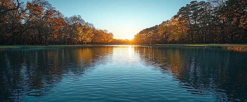 Autumn sunset over tranquil lake, trees reflecting, peaceful scene, nature backdrop
