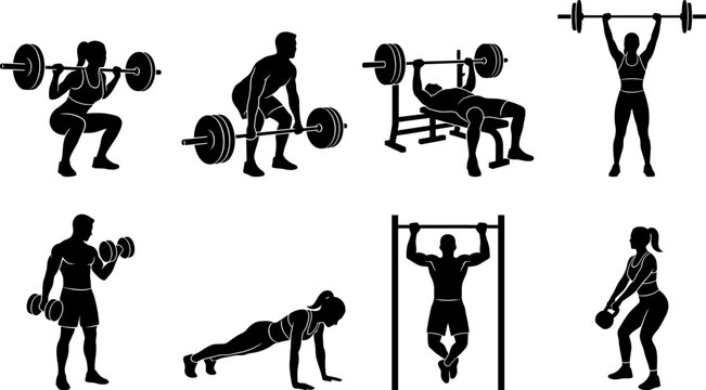 Men and women doing gym exercises and weightlifting vector set  