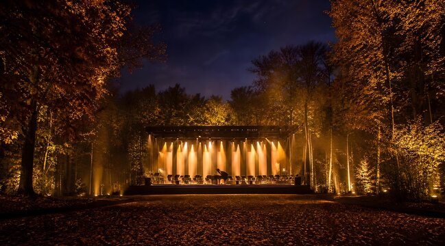 outdoor music festival stage glowing at night surrounded by autumn trees and warm seasonal lighting