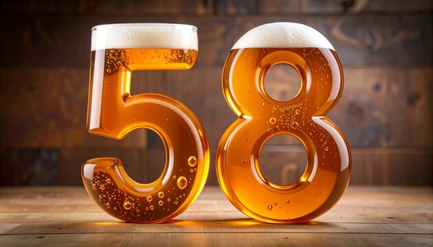 Beer Typography &mdash; Number 58 with Bubbles and Foam on Wooden Background