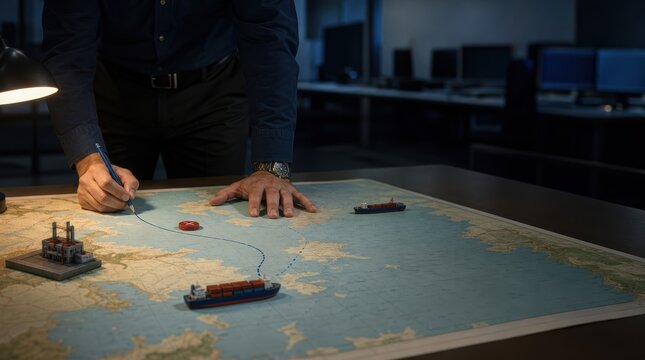 supply chain management logistics risk management. Person analyzing and marking a large nautical map with ship models in a dimly lit room.