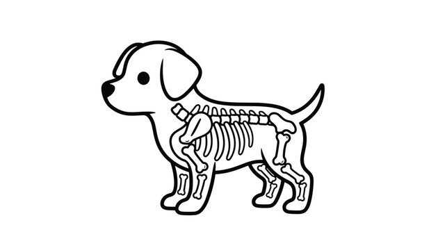 Educational anatomical puppy illustration showing a dog skeleton inside a friendly cartoon puppy body outline.
