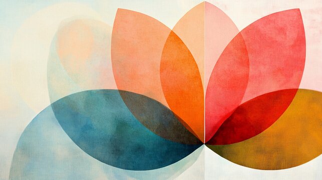 Abstract watercolor flower design with overlapping petals in warm and cool tones.