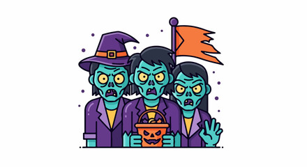 Fototapeta premium Halloween zombies holding pumpkin bucket and flag