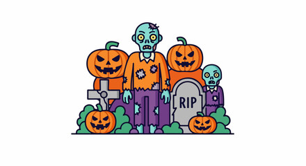 Fototapeta premium Halloween zombies with jack o lanterns and gravestone