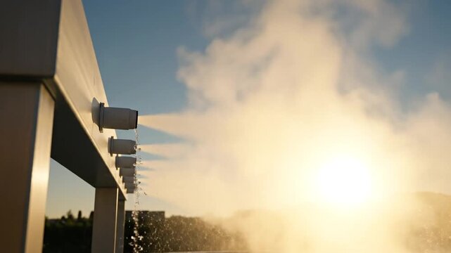 A video capturing a misting system spraying fine droplets into the air against a brilliant, golden sunset. The water vapor creates a hazy, ethereal glow as the sun shines through it.
