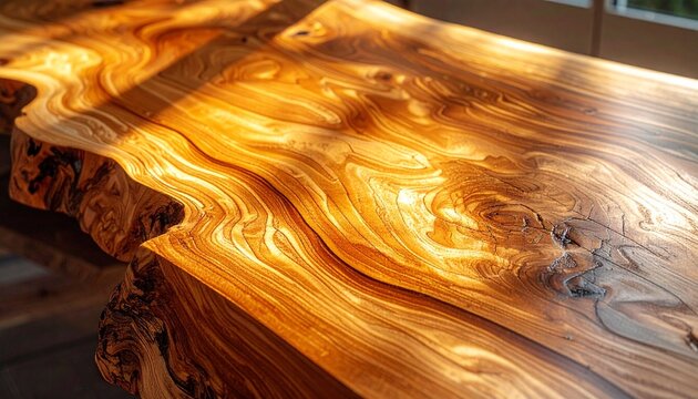 Close up of polished live edge wooden table surface.