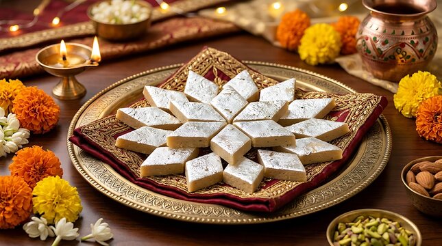 Kaju katli, a beloved Indian sweet, is presented on an ornate mat with marigold flowers and a glowing.