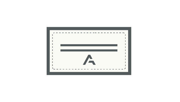 Minimalist design of an entrance ticket or coupon outline with a dashed border and stylized letter A, on a clean grey frame.
