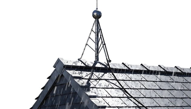 Lightning rod on roof during rainy day storm protection isolated with shadow cut out on white background. AI GENERATED.
