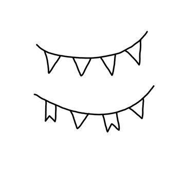 Cute hand drawn party bunting garland isolated on transparent background. Hanging flag banner doodle line art vector illustration.