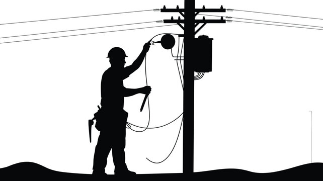 Black silhouette of an electrician working on a wooden utility pole with power lines, wearing a hard hat and tool belt, isolated on a white background