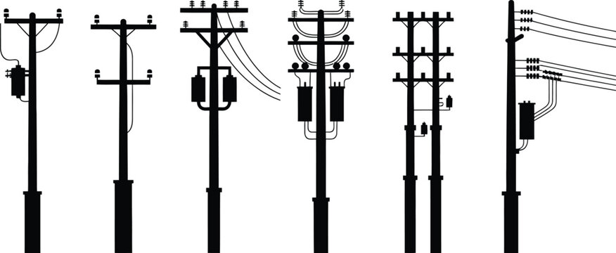 Collection of various black silhouette electric utility poles and power line structures with transformers and electrical wiring on a plain white background, for energy industry