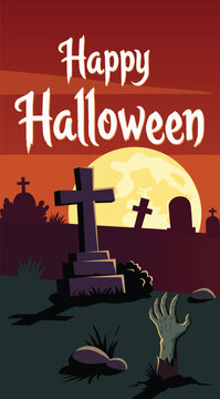 Happy Halloween poster illustration spooky graveyard with zombie hands rising from ground grave, walking zombies, tombstone, flying witch, ghosts, bats and large full moon on night blood sky.