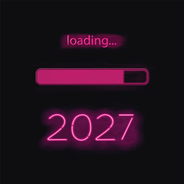 Vector illustration of 2027 loading progress bar with glowing pink neon effect. Bright neon numbers and status bar shine against a dark background, creating a modern New Year concept.