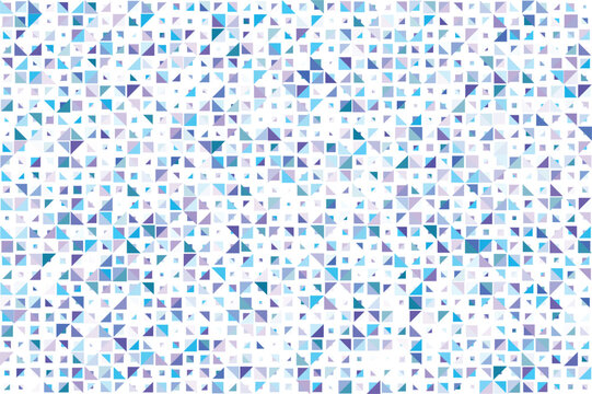 Abstract vector background featuring a geometric pattern of small blue and purple triangles and squares on a white grid. Modern tech-style mosaic texture.
